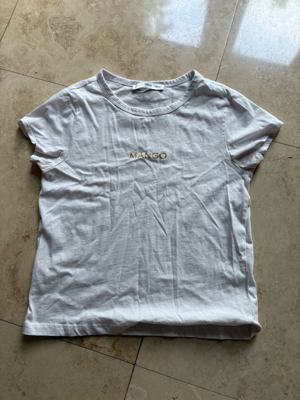 Mango White Short Sleeve Logo Tee with Gold Embroidery
